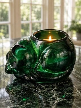 Indiana Glass Evergreen Green Sleeping Cat Votive Candle Holder #3865